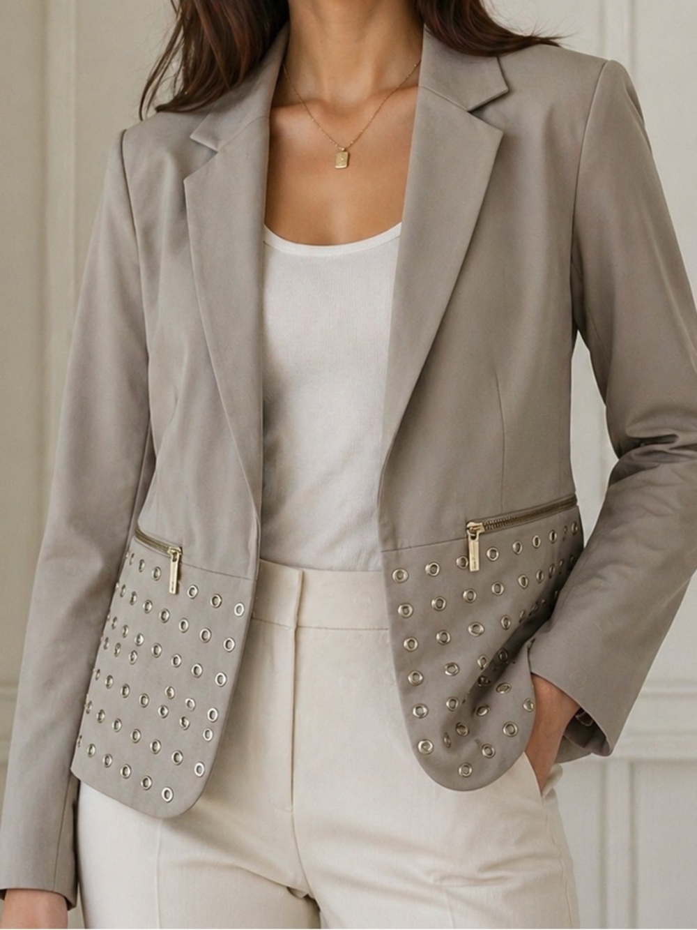 Michael Kors Collection Khaki Peplum Blazer Size 2 Grommet Jacket RARE Sample - Picture 2 of 6